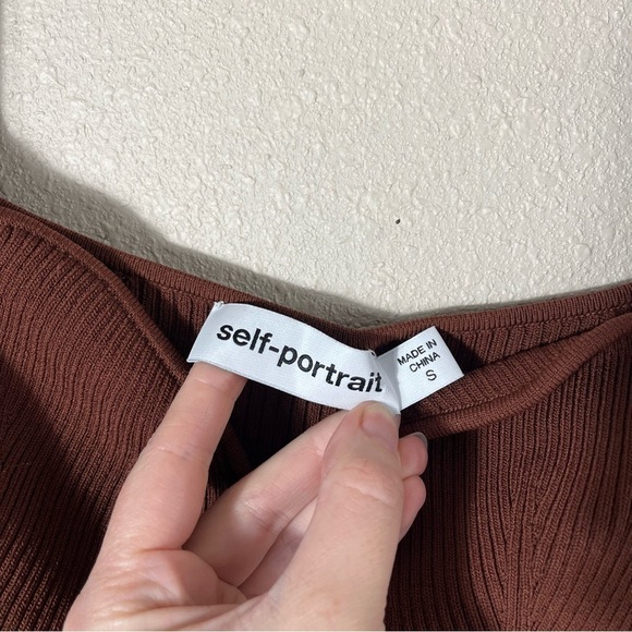 SELF-PORTRAIT Rib Knit Lace Insert Long Sleeve Midi Bodycon Fitted Dress - Picture 8 of 10